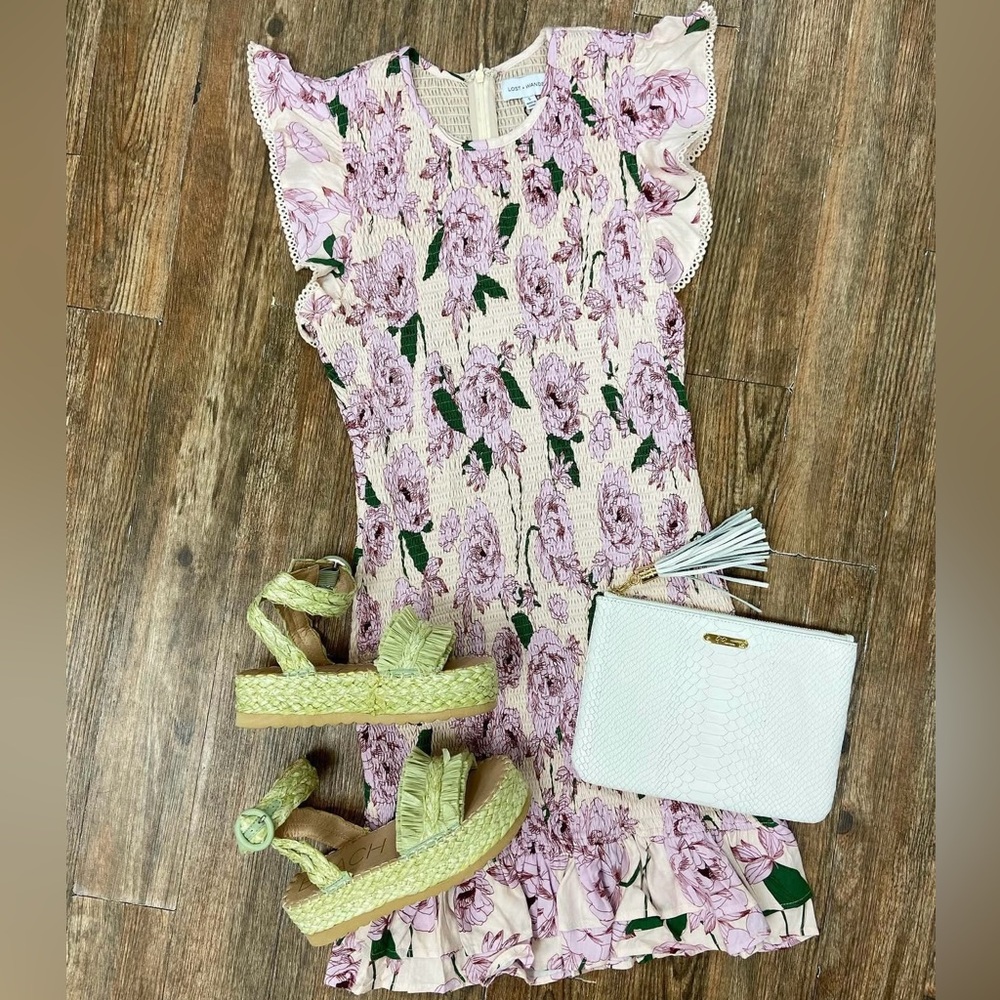 Lost + Wander Pink Floral Ruffle Sleeve Midi Dress